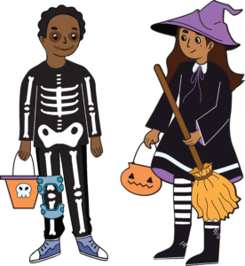 A little boy to the left dressed as a skeleton holding an orange trick or treating bucket with a mini skull and, to the right, a little girl dressed as a witch holding a broomstick and a jack-o-lantern bucket. Both are in a cartoon style!