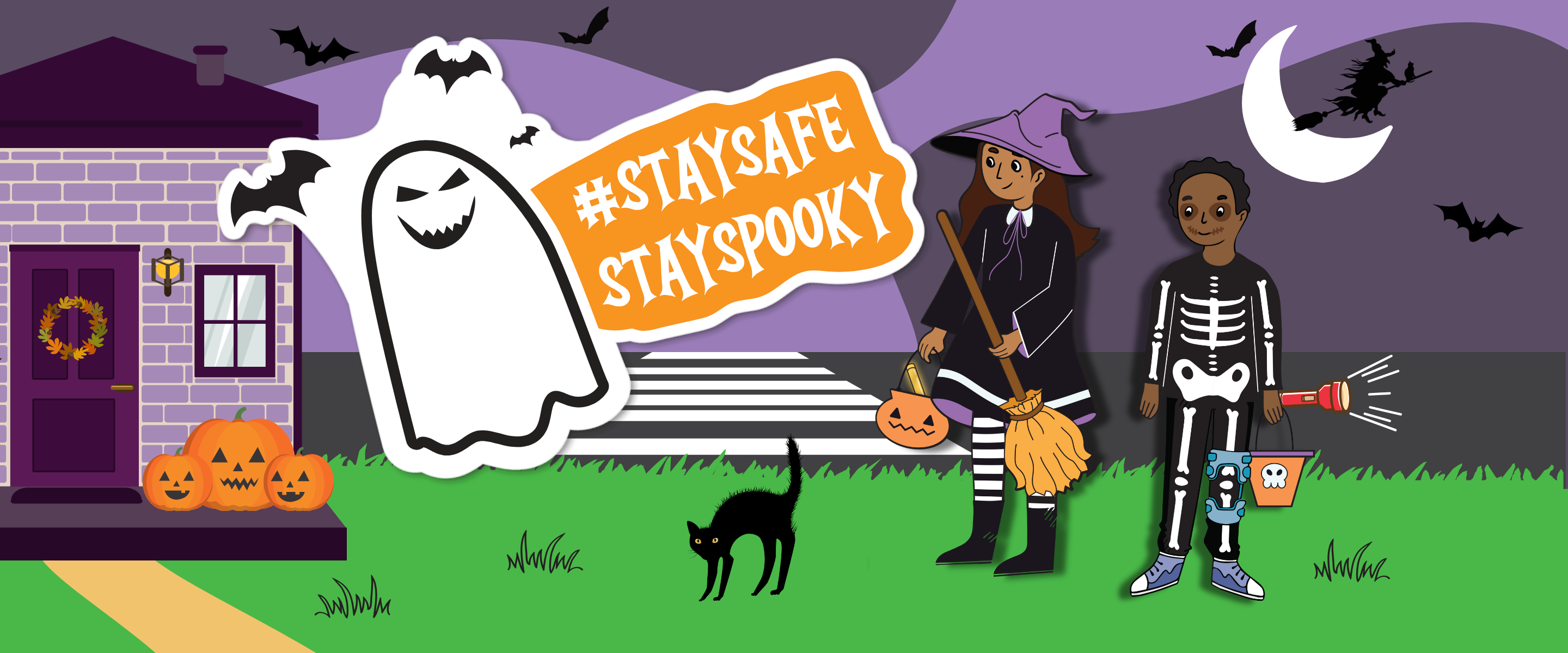 A cartoon Halloween themed scene, including a house with jack-o-lanterns out front on the porch, a dark night sky, and two kids, one dressed as a witch and another a skeleton, trick or treating. A large sticker placed on top of the scene has a ghost and reads #StaySafeStaySpooky